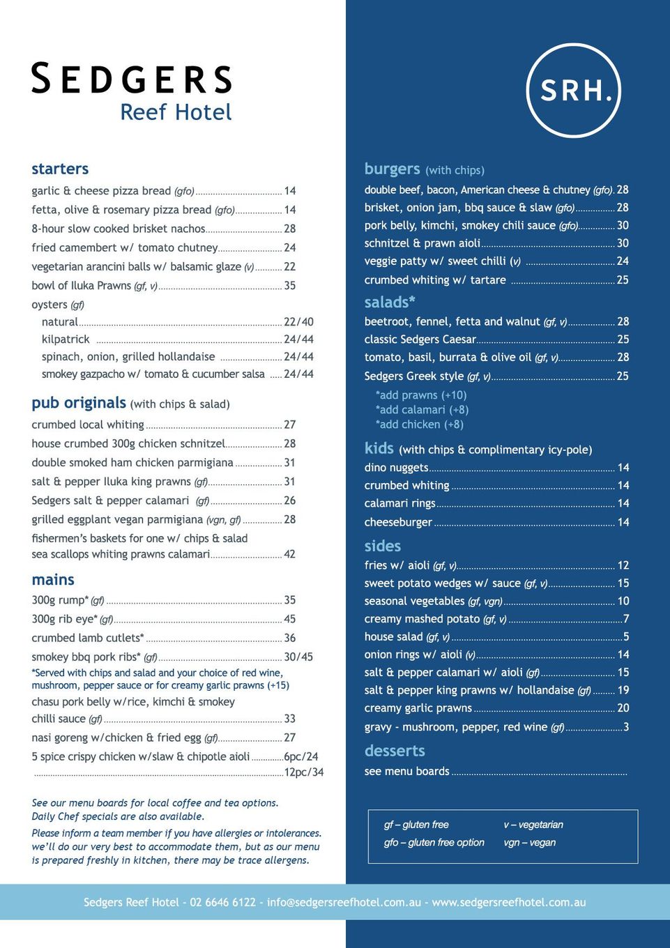 A blue and white menu for sedgers reef hotel
