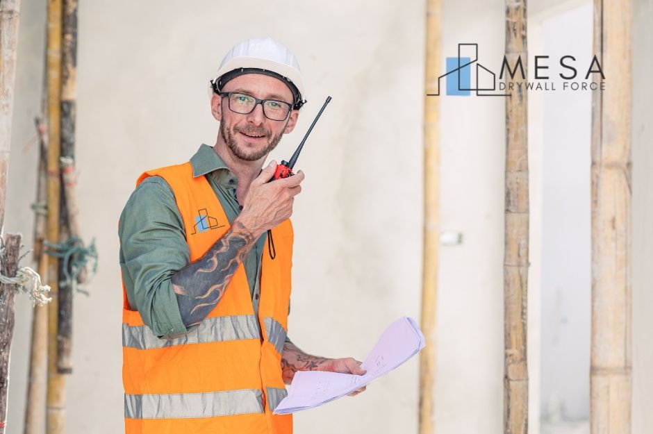A drywall repair contractor in white hard hat and orange safety vest holds blueprints and a walkie-talkie while working on a commercial construction project with wooden framing visible in the background near Squaw Valley Rd, and Mud Springs Rd, Black Canyon City, AZ.