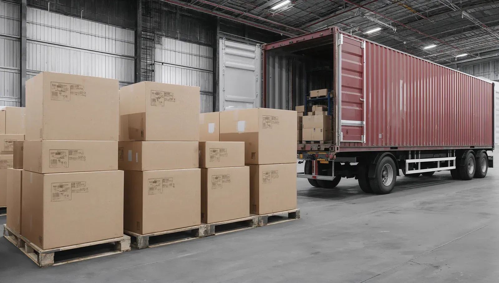Stacked cardboard boxes in a warehouse beside a red freight truck loading dock