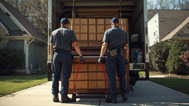 Two movers in navy uniforms push a large wooden crate into a moving truck in a driveway.