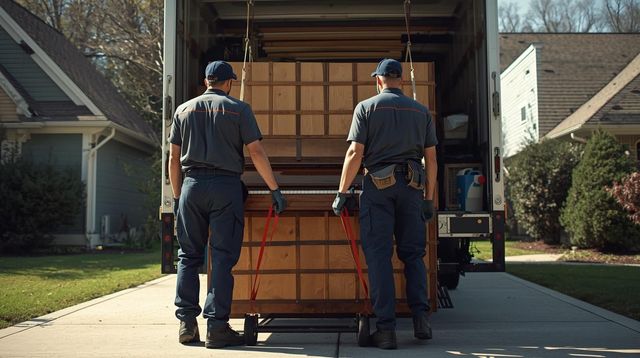 Two movers in navy uniforms push a large wooden crate into a moving truck in a driveway.