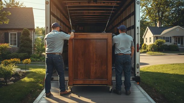 Two movers unloading a large wooden cabinet from a truck in a suburban driveway.