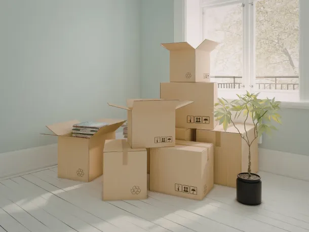 Cardboard moving boxes stacked in a bright empty room by a window, with a small potted tree.