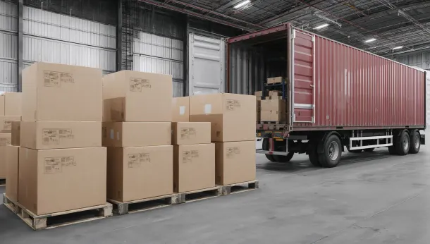 Boxes stacked on pallets beside a red freight trailer inside a warehouse loading dock