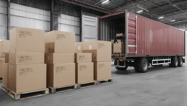 Boxes stacked on pallets beside a red freight trailer inside a warehouse loading dock