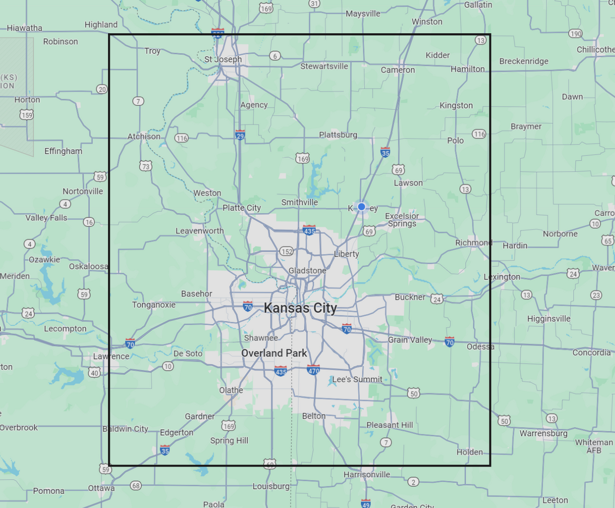 A map of kansas city is shown in a square