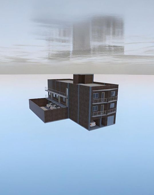 Un modelo 3D de un edificio flota en el aire.
