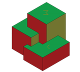 Un cubo rojo y verde con la letra m en él.
