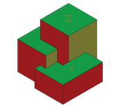 Un cubo rojo y verde con la letra m en él.