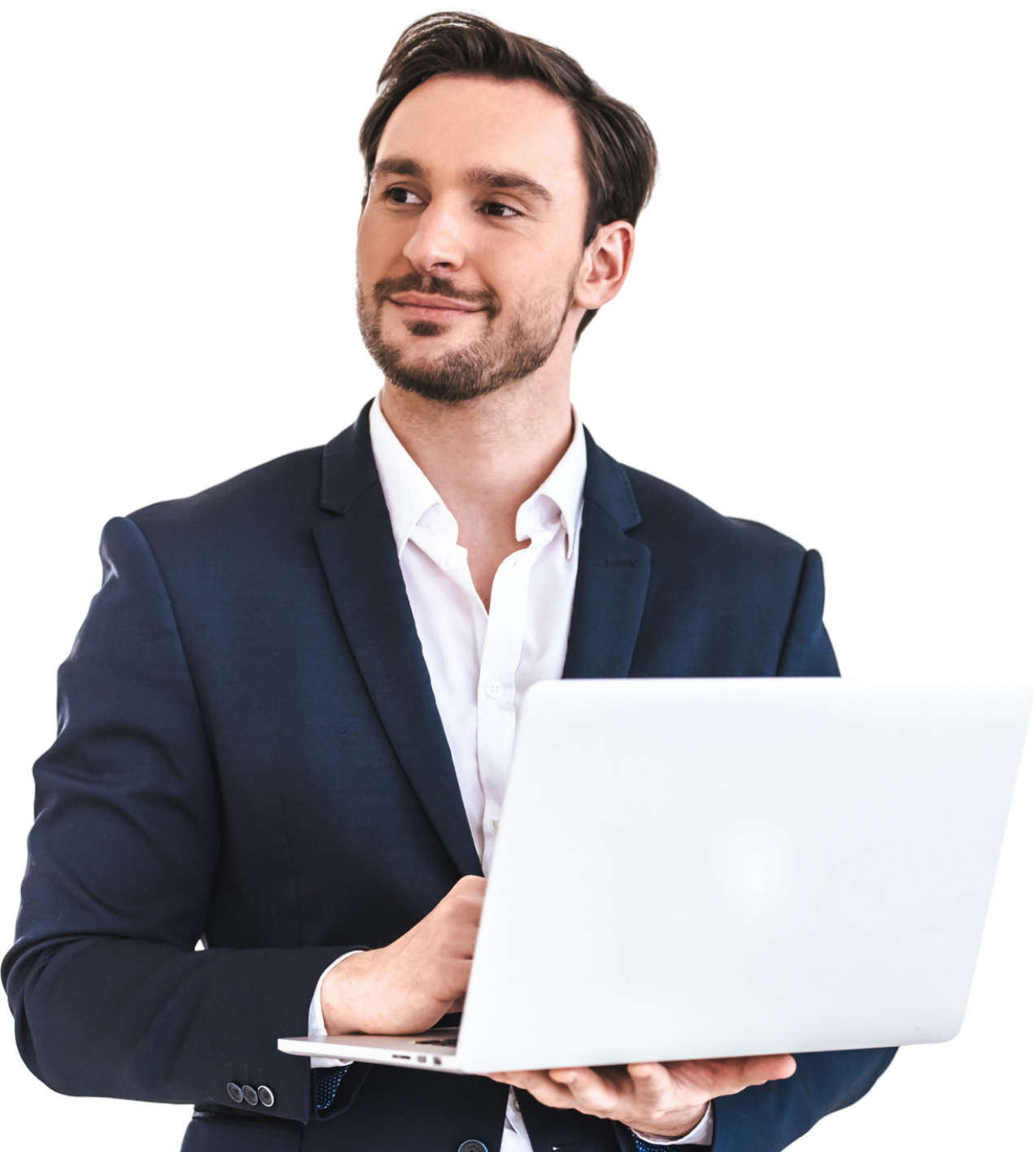 Man in suit holding laptop, looking up thoughtfully.