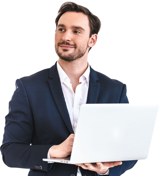 Man in suit holding laptop, looking up thoughtfully.