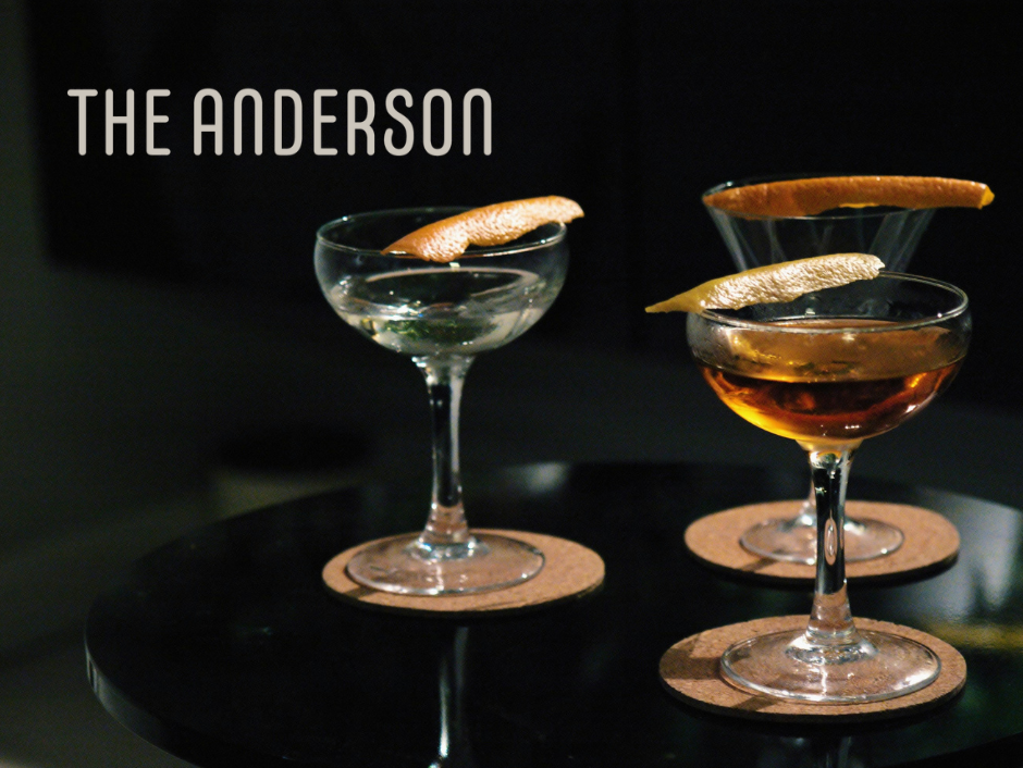 Cocktail glasses with The Anderson logo