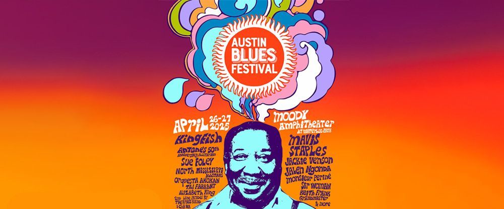 A poster for the austin blues festival shows a man with a speech bubble above his head.