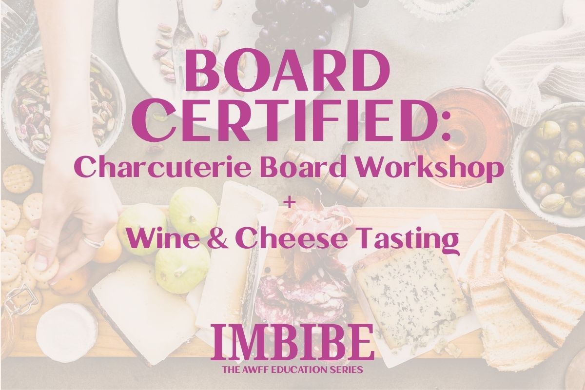 Flyer for a charcuterie board workshop and wine/cheese tasting, featuring a pink and white color scheme with food and hands.