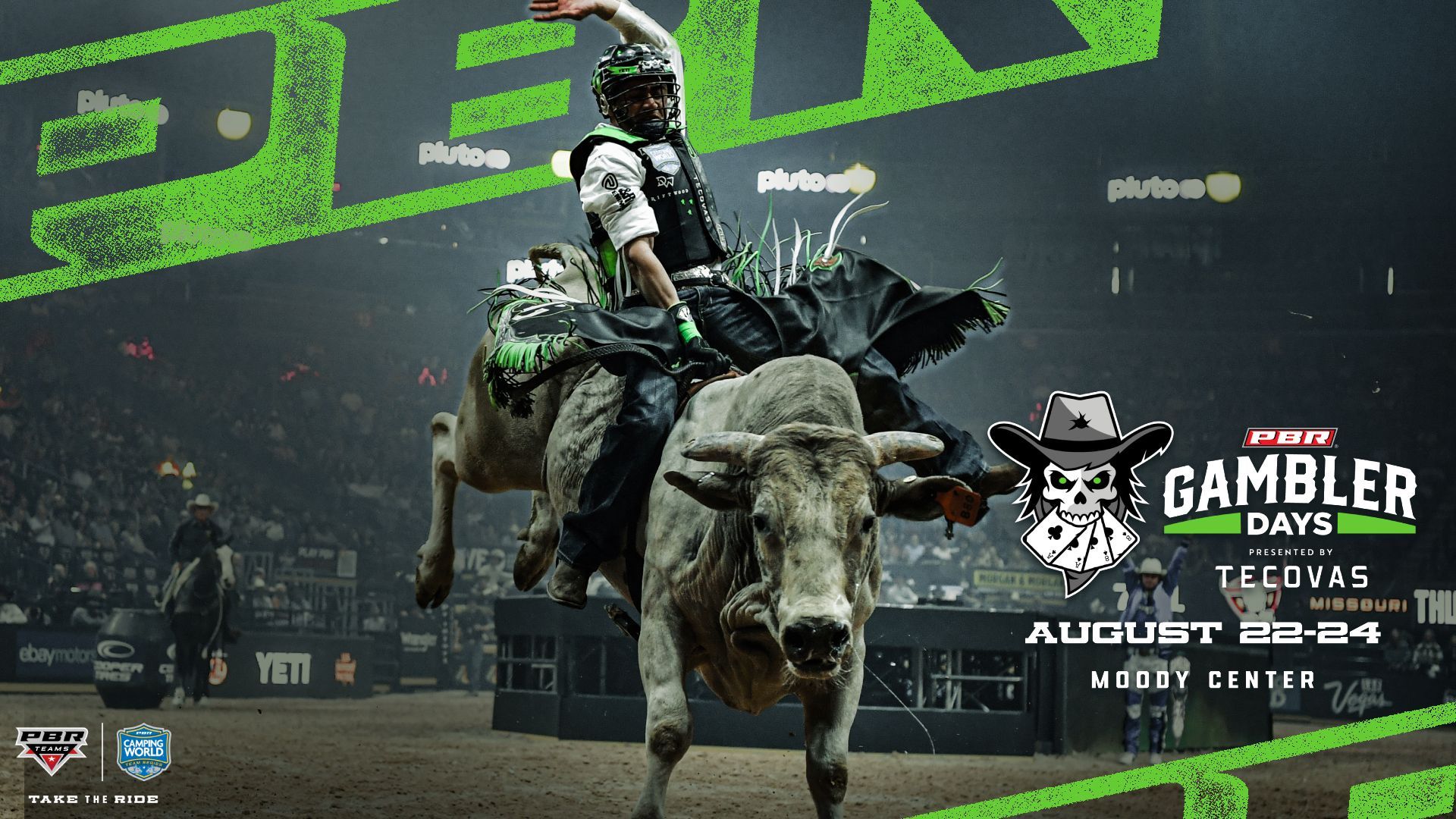 A bull rider in action at the PBR Gambler Days event in Texas. The rider is wearing a helmet and vest, atop a bucking bull.
