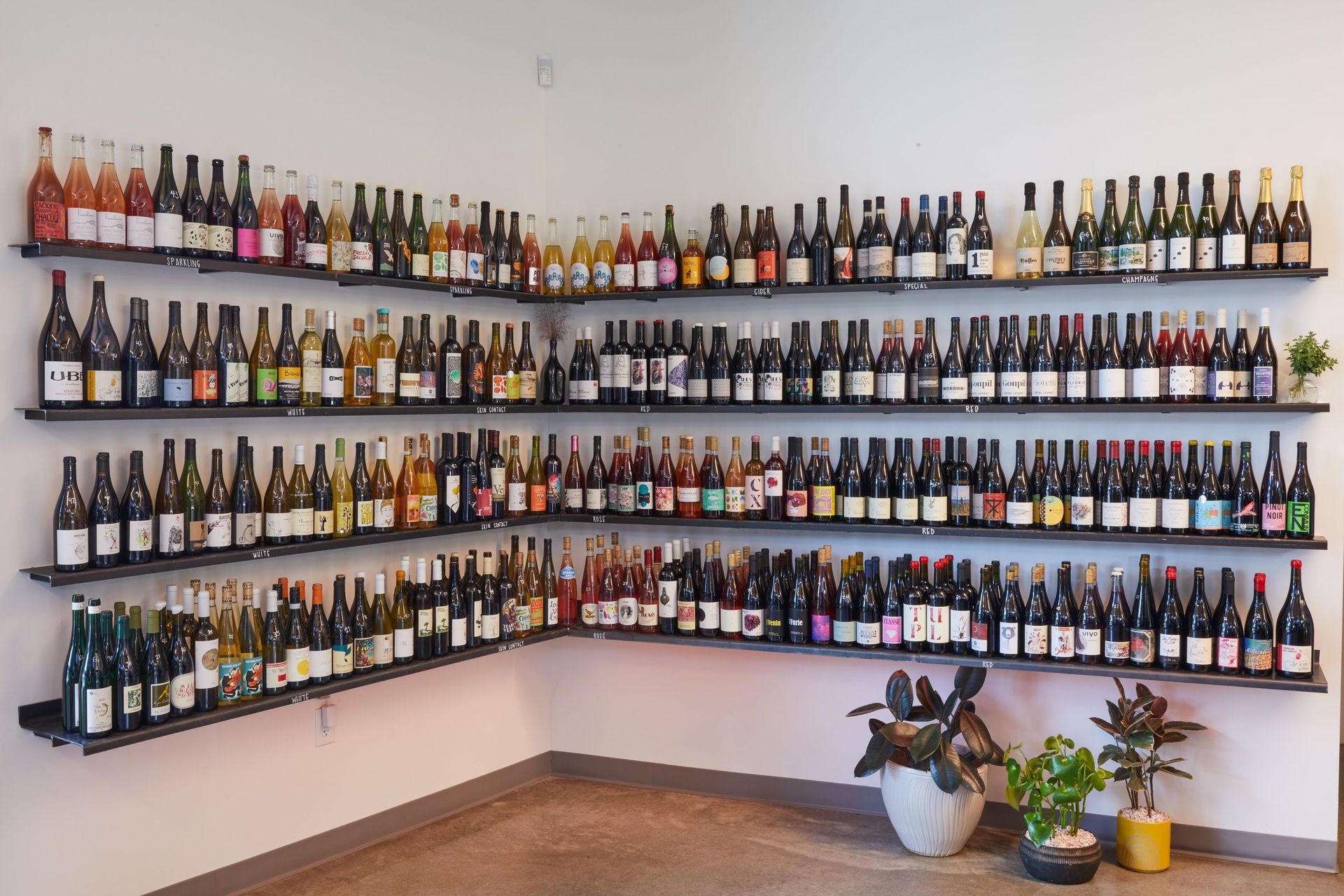 A wall filled with lots of wine bottles on shelves