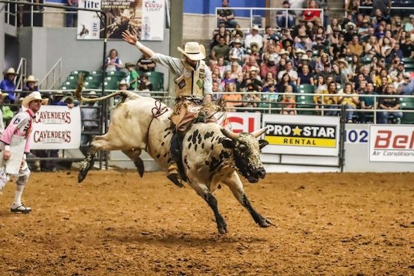 A man is riding a bull in a rodeo arena
