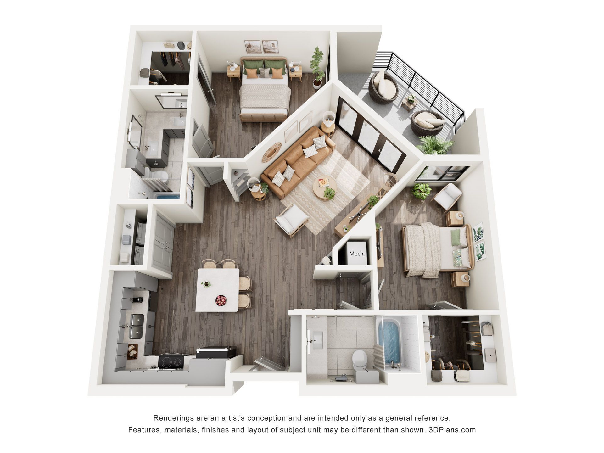 A 3d floor plan of a house with a balcony.