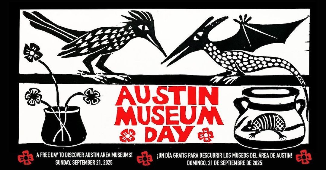 Austin Museum Day poster with roadrunner, pterodactyl, flowers, and armadillo jar in red and black.