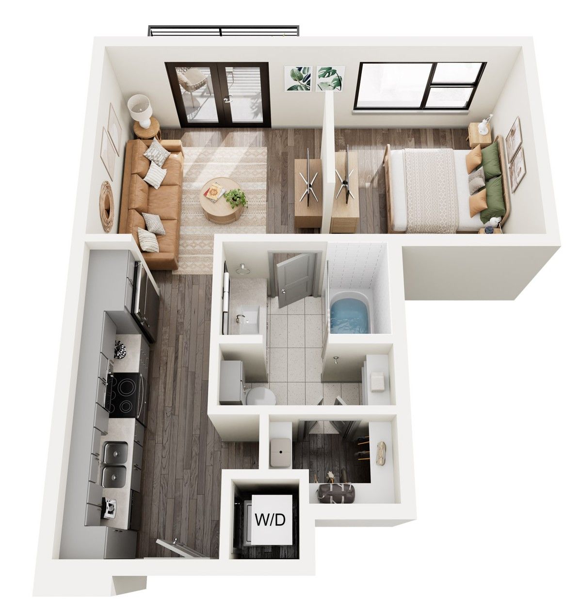 A 3d floor plan of a small apartment with a bedroom , living room , and bathroom.
