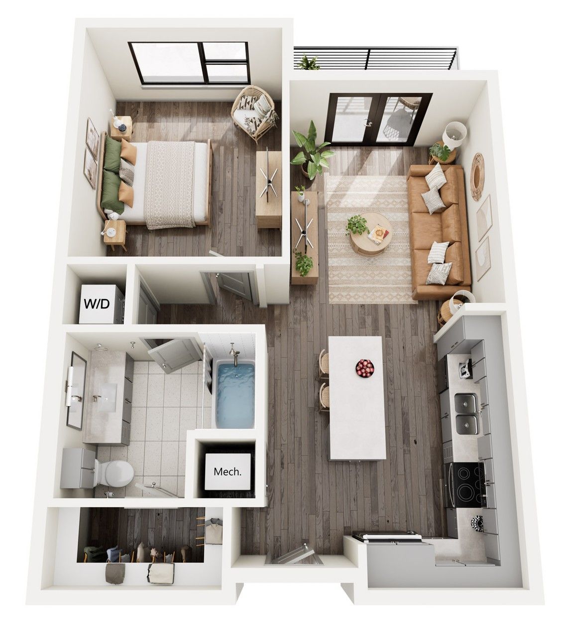 A 3d floor plan of a small apartment with a bedroom , living room , and kitchen.