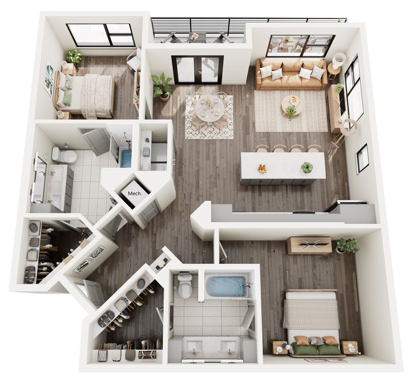 A 3d floor plan of a house with a couch and a table.