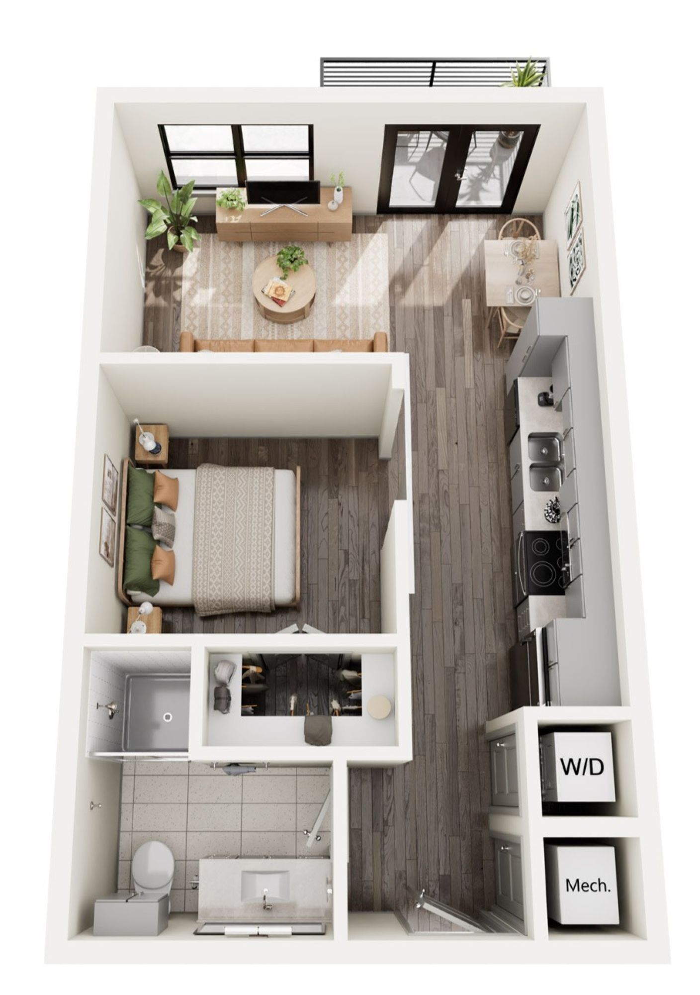 Floor plan of a studio apartment with living, dining, and sleeping areas. Includes a kitchen, bathroom, and washer/dryer.