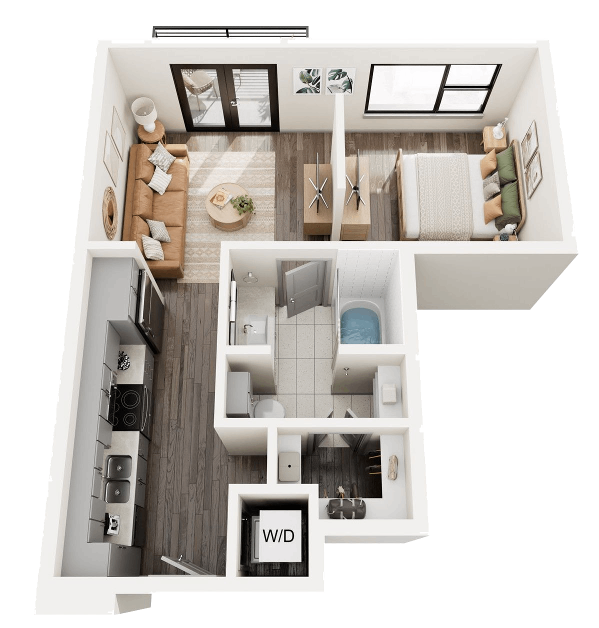 A 3d floor plan of a small apartment with a bedroom , living room , and bathroom.