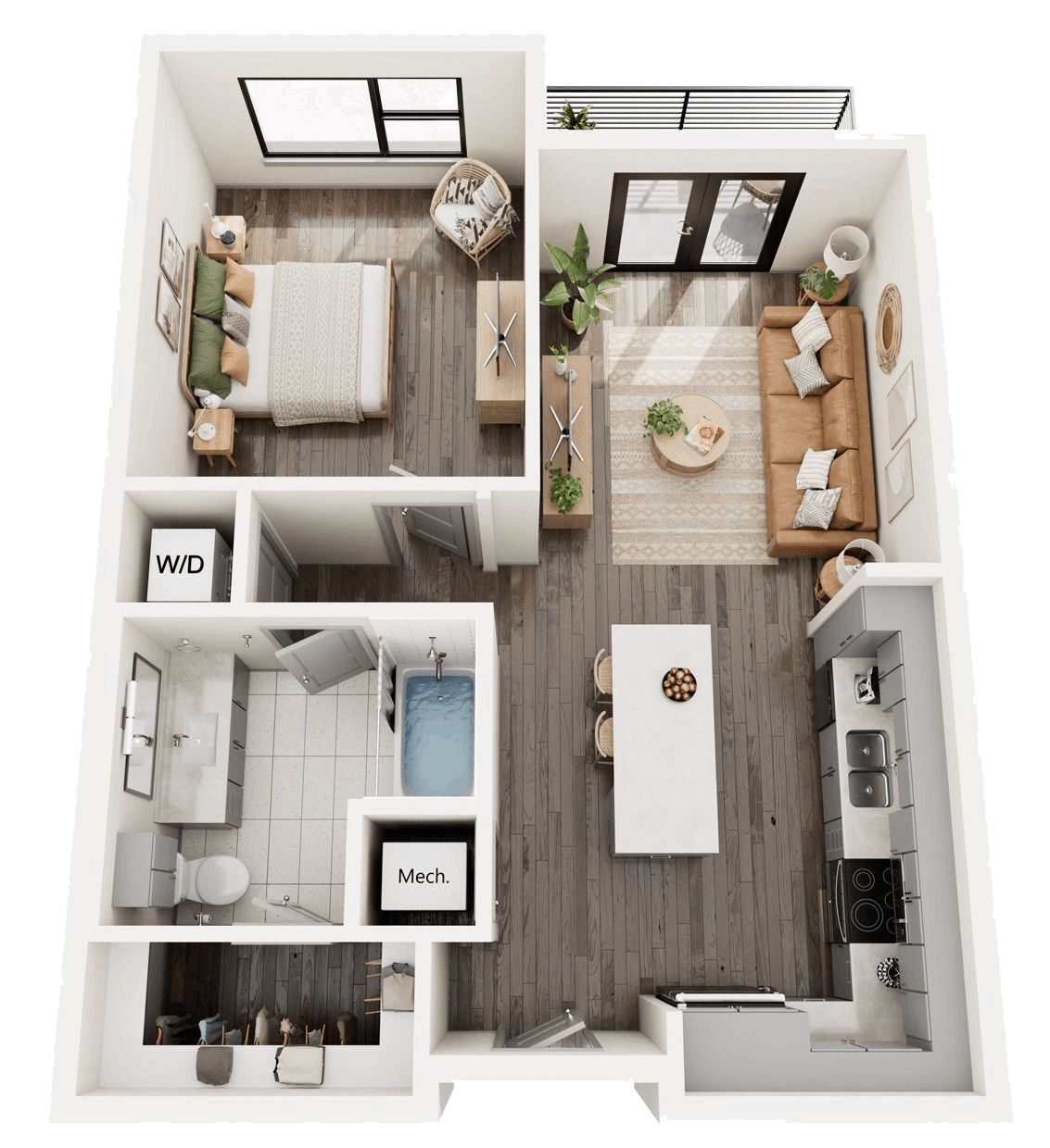 A 3d floor plan of a small apartment with a bedroom , living room , and kitchen.