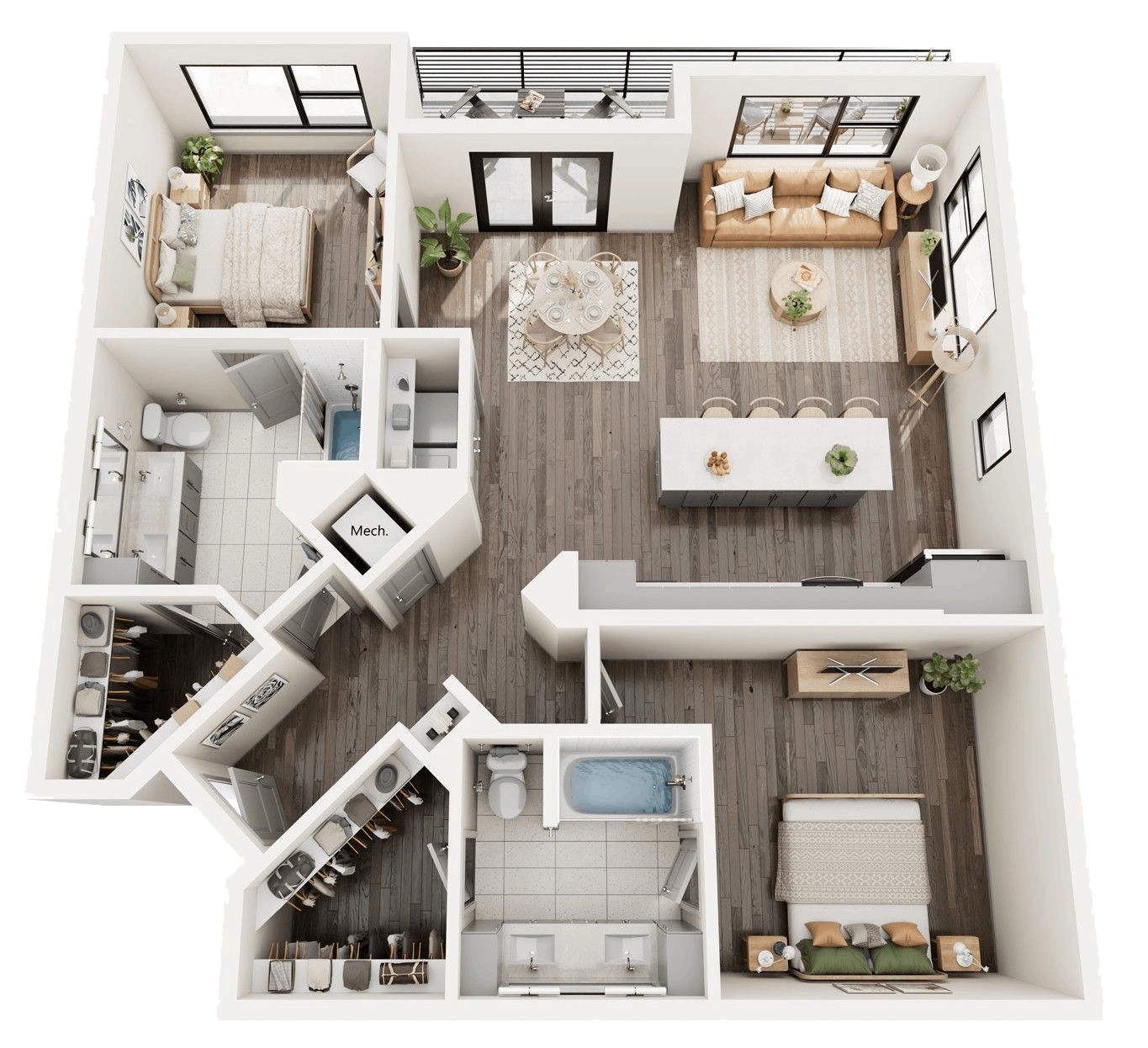 A 3d floor plan of a house with a couch and a table.