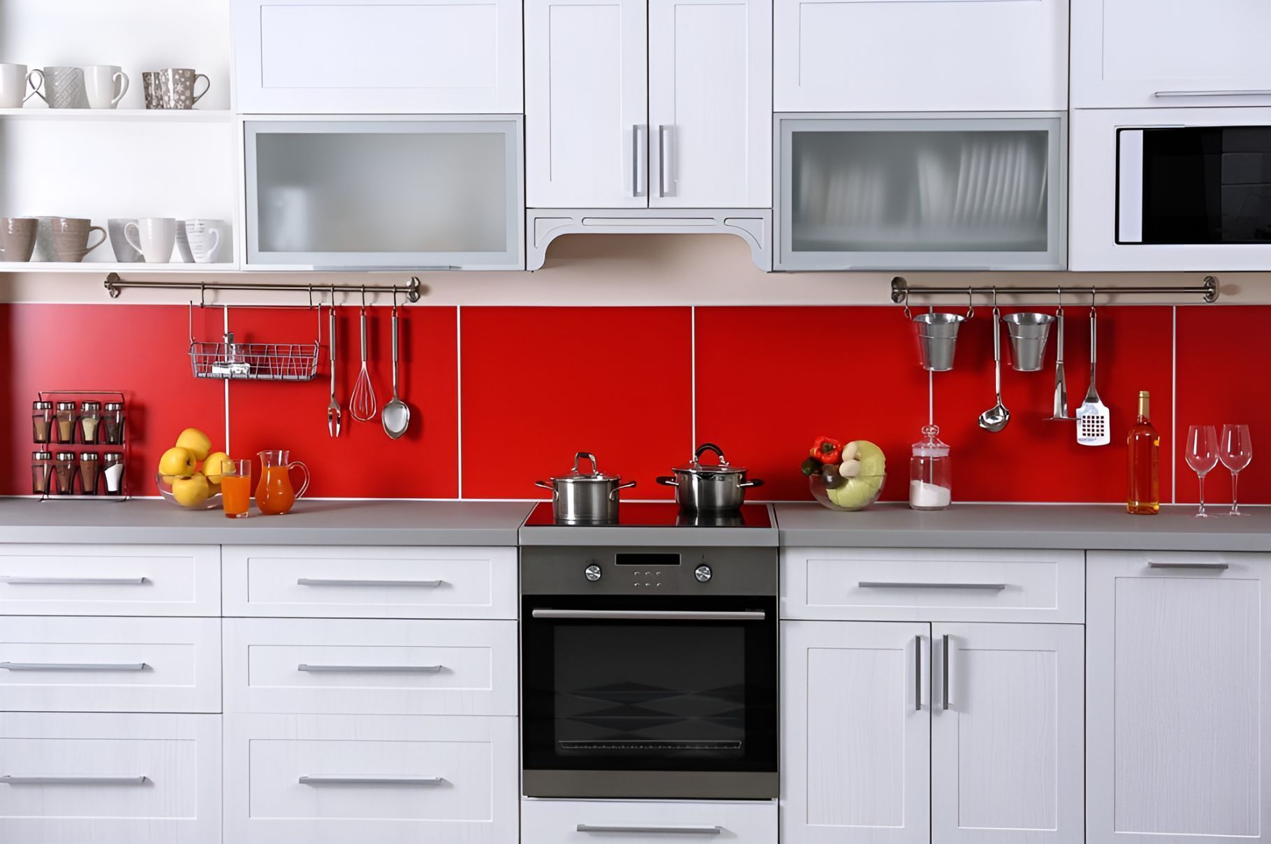 A Kitchen With White Cabinets and Red Tiles — Foreshore Kitchens In Gympie, QLD