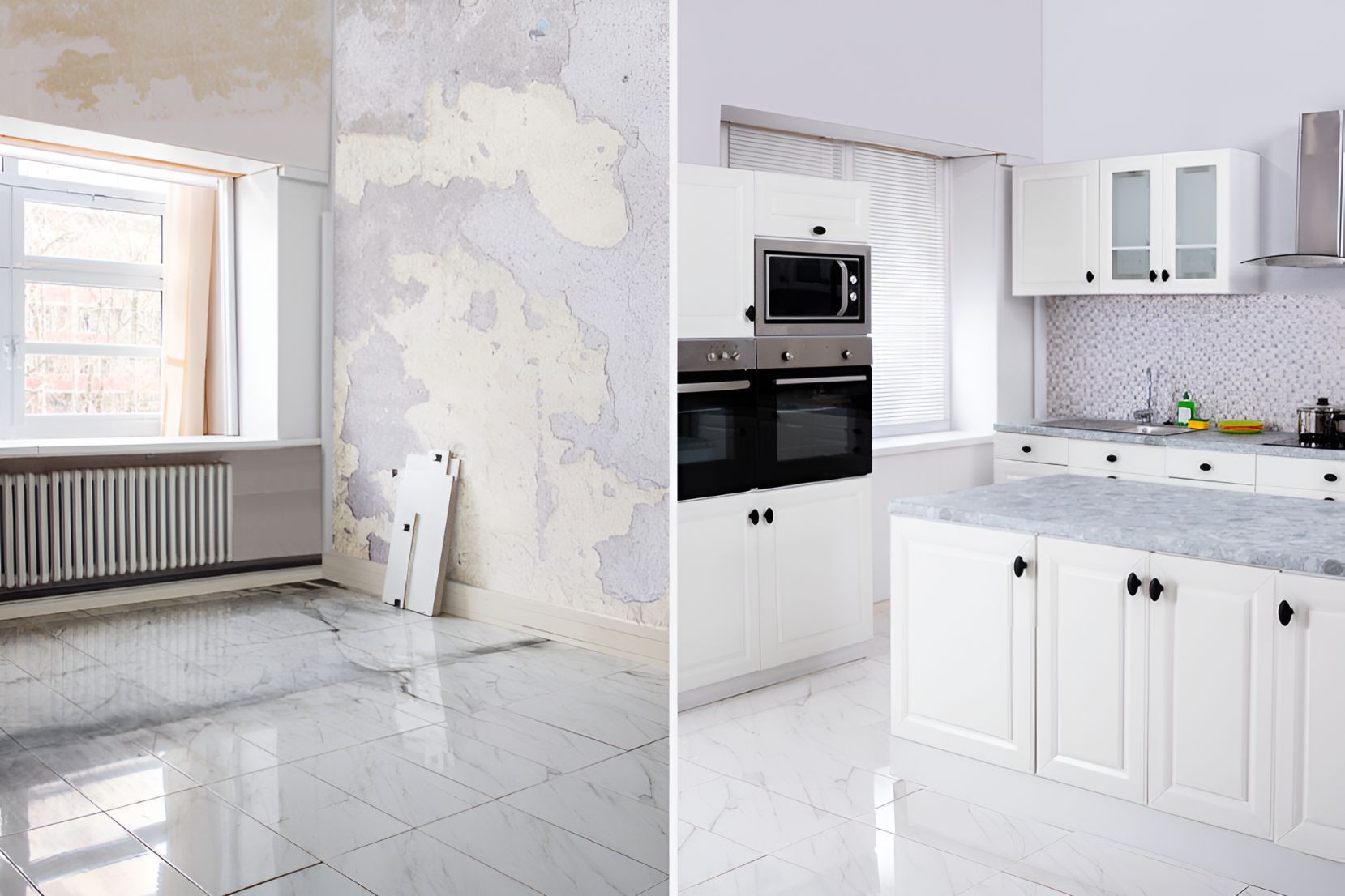 A Before and After Photo of a Kitchen Being Remodeled — Foreshore Kitchens In Mooloolaba, QLD