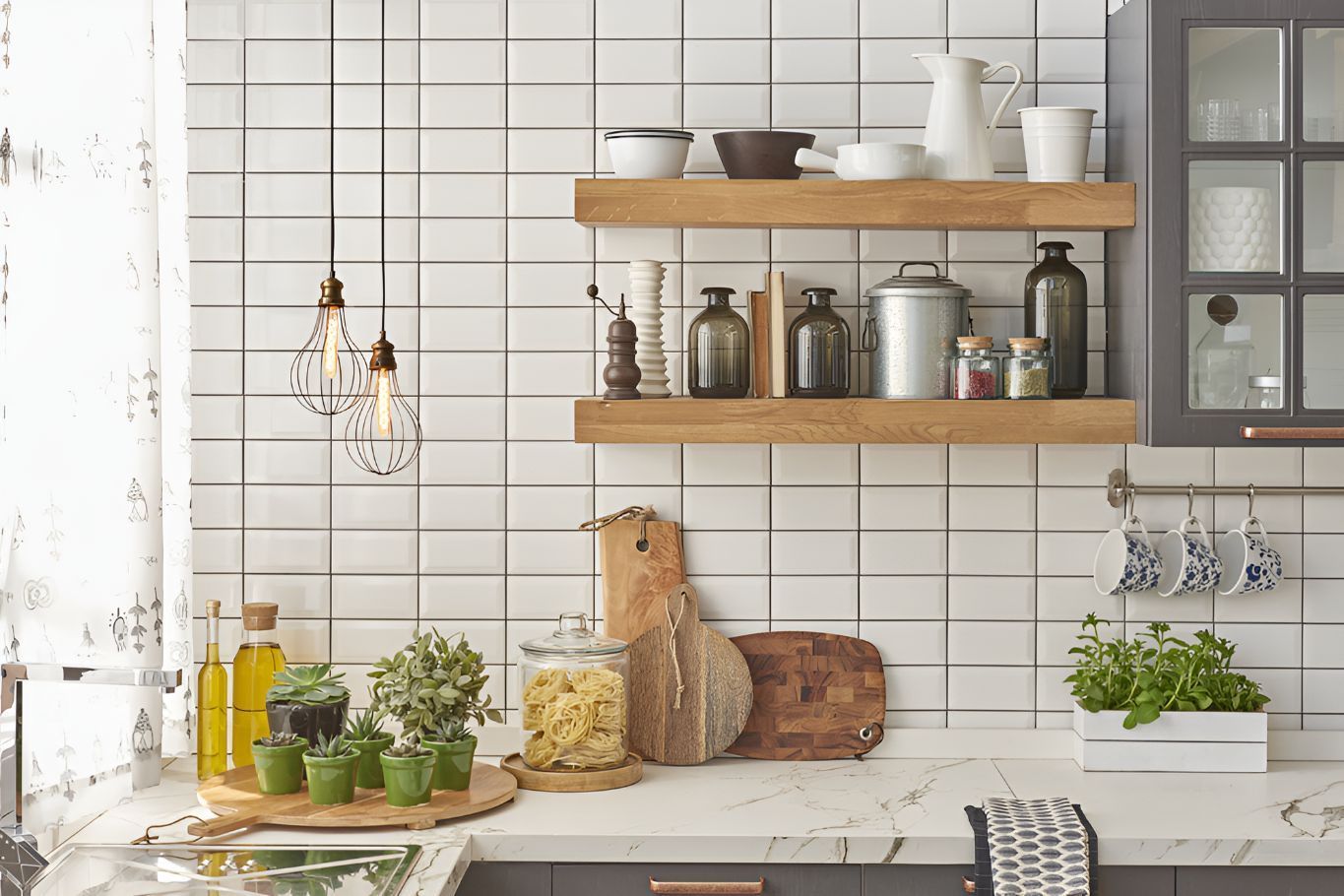 A Kitchen With White Tiles, Wooden Shelves, a Sink and a Window — Foreshore Kitchens In Maroochydore, QLD