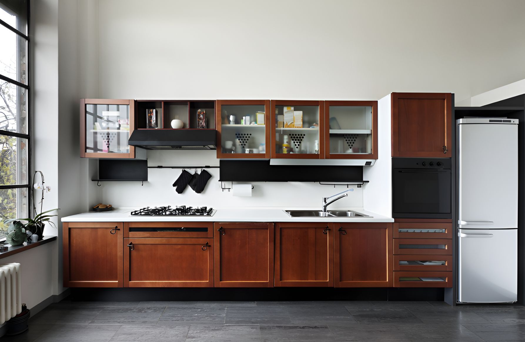 A Kitchen With Wooden Cabinets and a White Refrigerator — Foreshore Kitchens In Coolum Beach, QLD