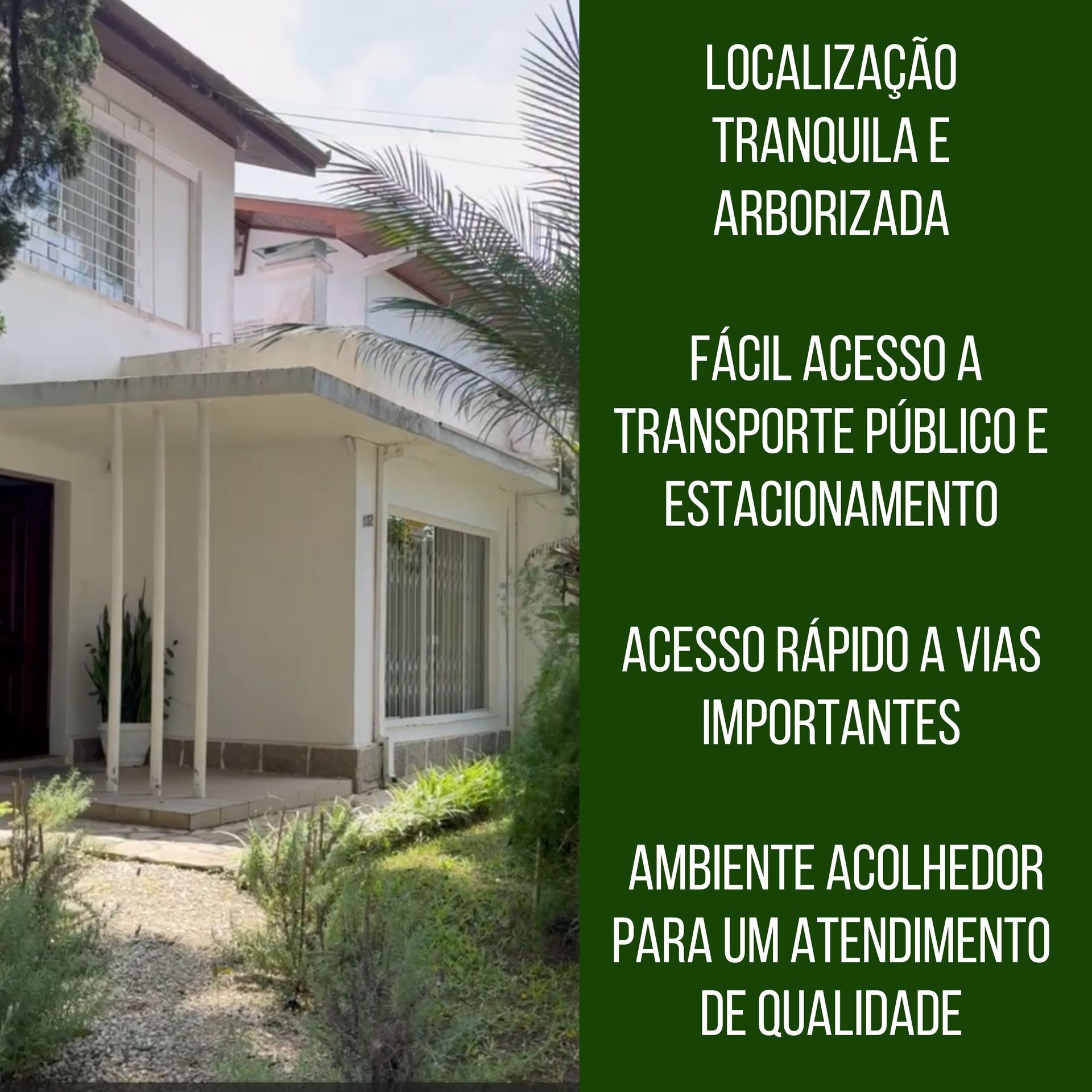 Imagem da clínica Equilíbrio do Ser, que é uma casa branca de dois andares em uma ambiente arborizado e as vantagens ao lado.