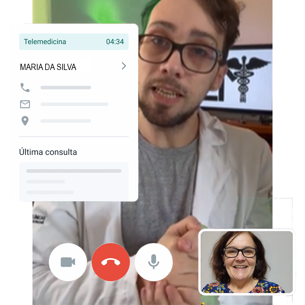 Um homem de jaleco está conversando com uma mulher em uma videochamada.