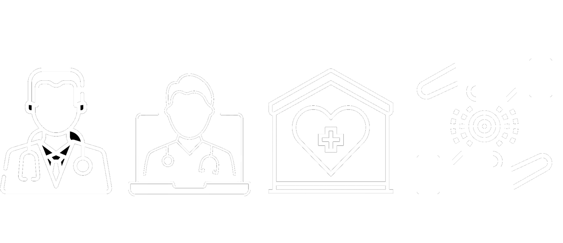Um conjunto de ícones ilustrando os serviços de consulta presencial, online e domiciliar em branco num fundo verde.