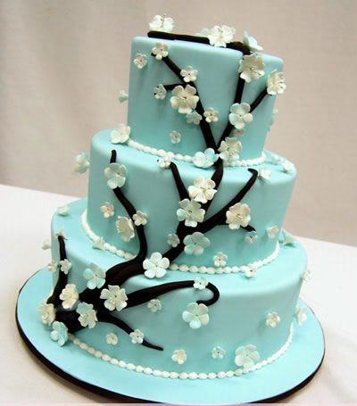 Three-tier blue cake decorated with black branches and white blossoms on a cake board