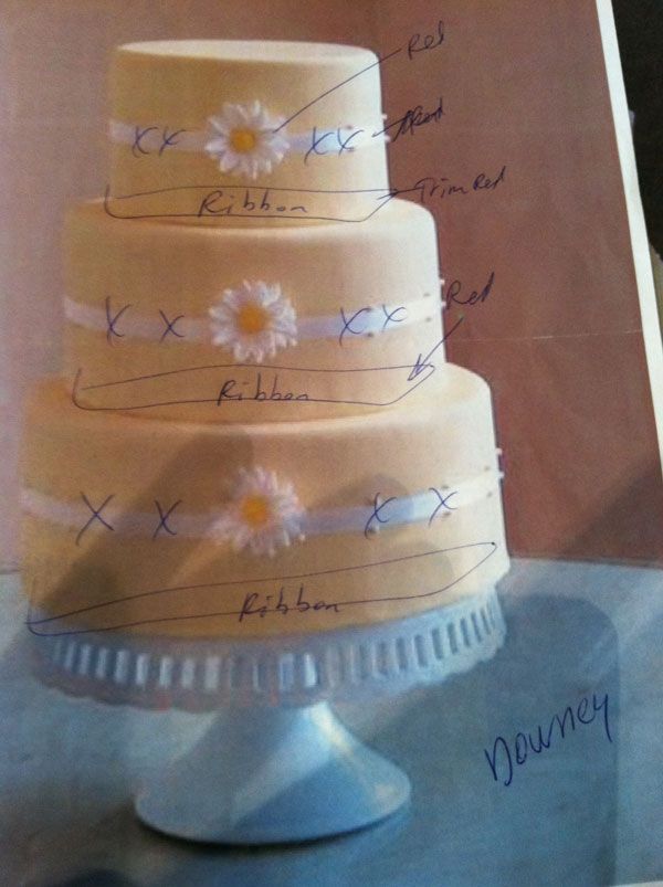 Four-tier beige cake on a white stand, decorated with blue ribbon and white flowers.