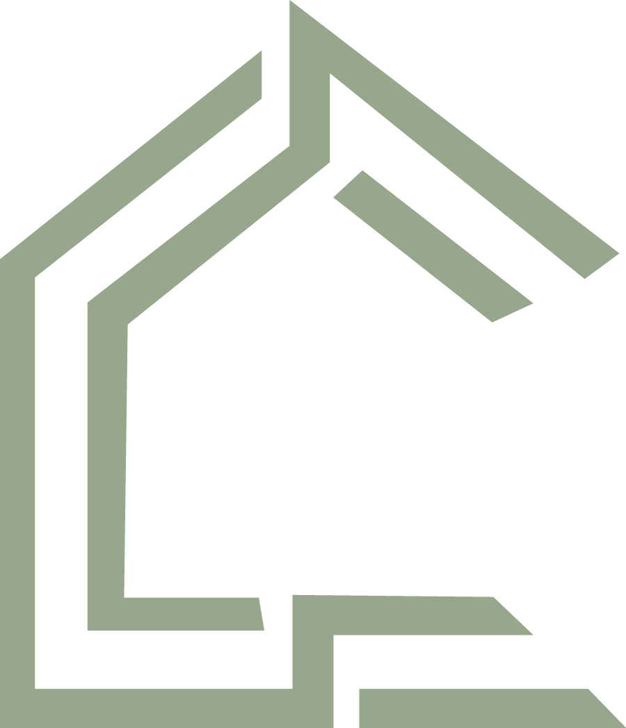 Abstract logo, light green outline of a stylized house with the letter 