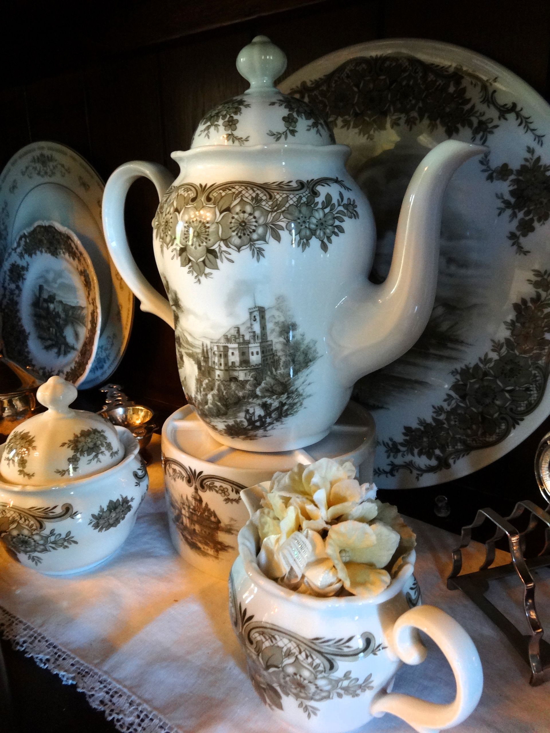 German castle dishes Vintage Porcelain Tea Set, Seltmann Weiden RHEINGAU Teapot Cream Sugar Set, Brown Transferware of The Rhine River Germany