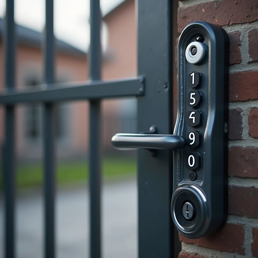 Black gate with combination lock on brick wall. Numbers 1, 5, 9, 0 are visible.