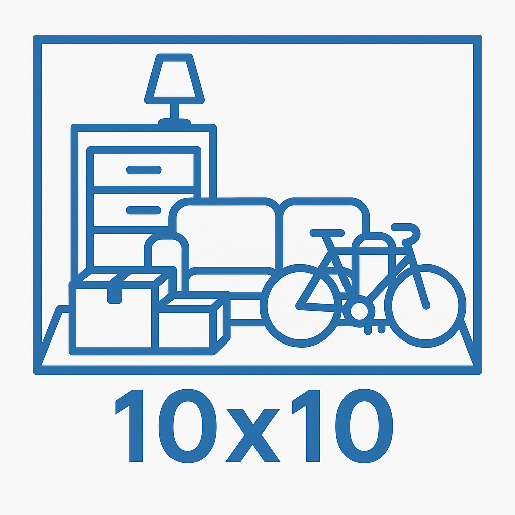 A blue icon depicts a 10x10 storage unit with furniture: boxes, sofa, dresser, lamp, and a bike.
