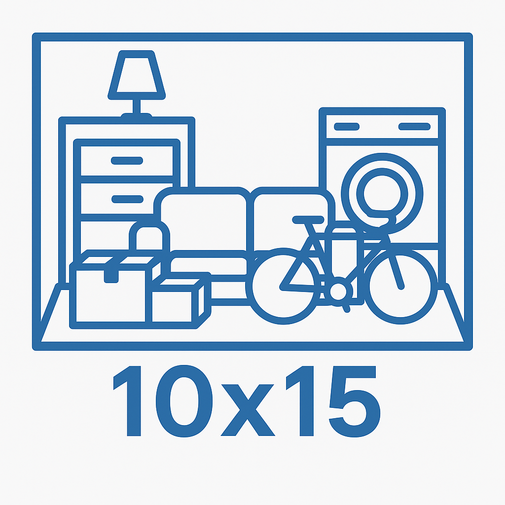 Blue outline of a 10x15 storage unit with furniture and a bicycle inside.