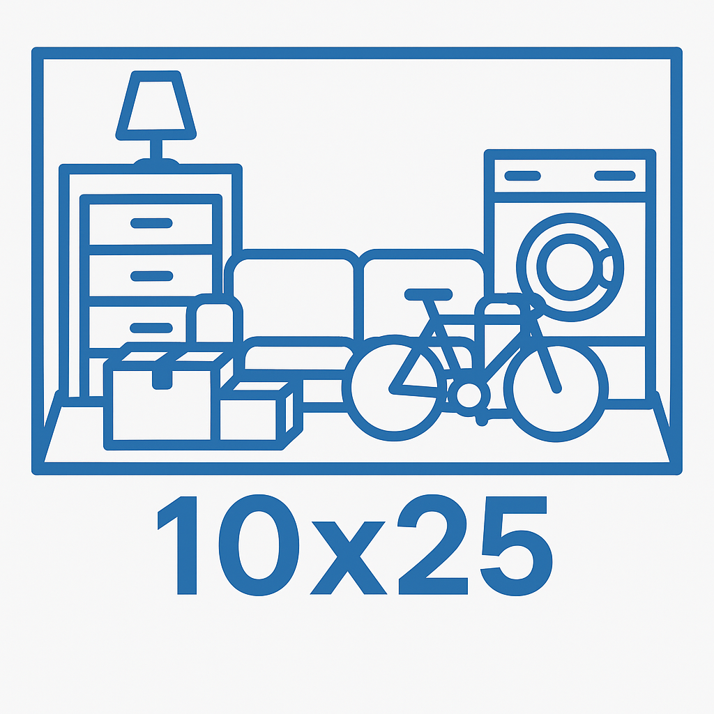 Blue icon: 10x25 storage unit with furniture, boxes, bicycle, and a washing machine.