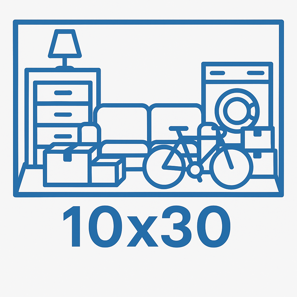 Illustration of a storage unit with furniture, boxes, bicycle, and appliances; labeled 