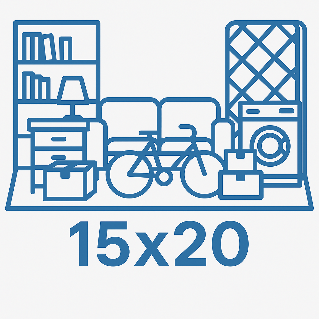 Blue-outlined illustration: storage unit filled with furniture, bike, and boxes; dimensions 15x20.