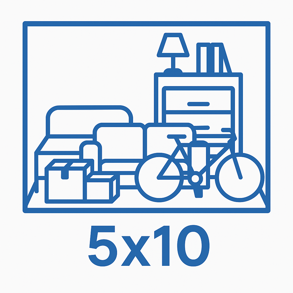 Blue icon of a 5x10 storage unit with furniture, boxes, and a bicycle, representing available storage space.