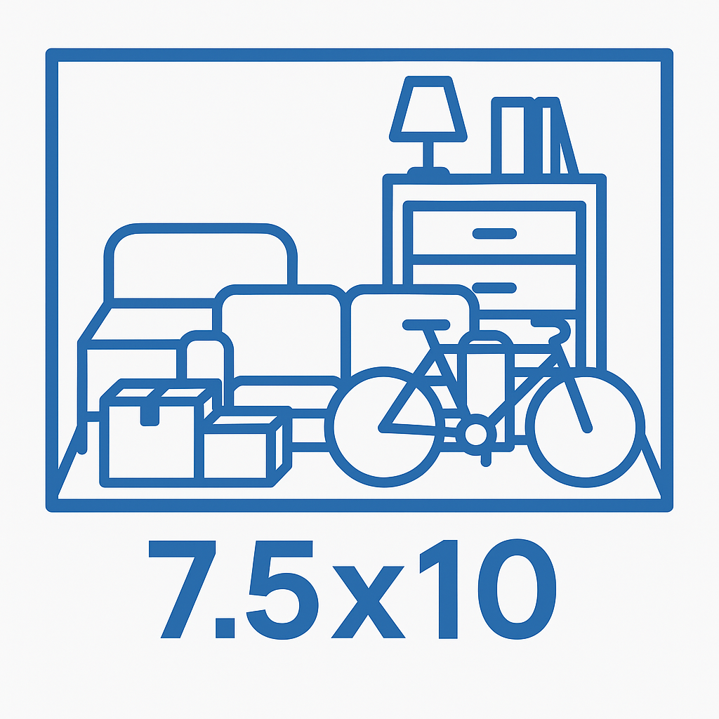 Blue outline of a storage unit, containing a sofa, boxes, dresser, bike, and text: 7.5x10.