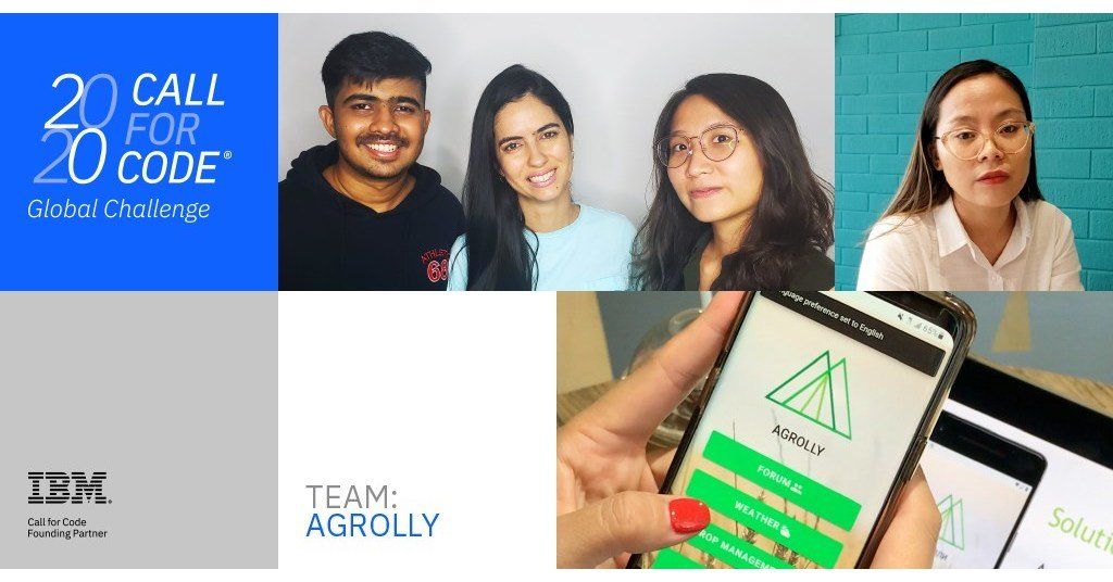 Team Agrolly displays their project at the 2020 Call for Code global challenge, showing team members and their app UI.